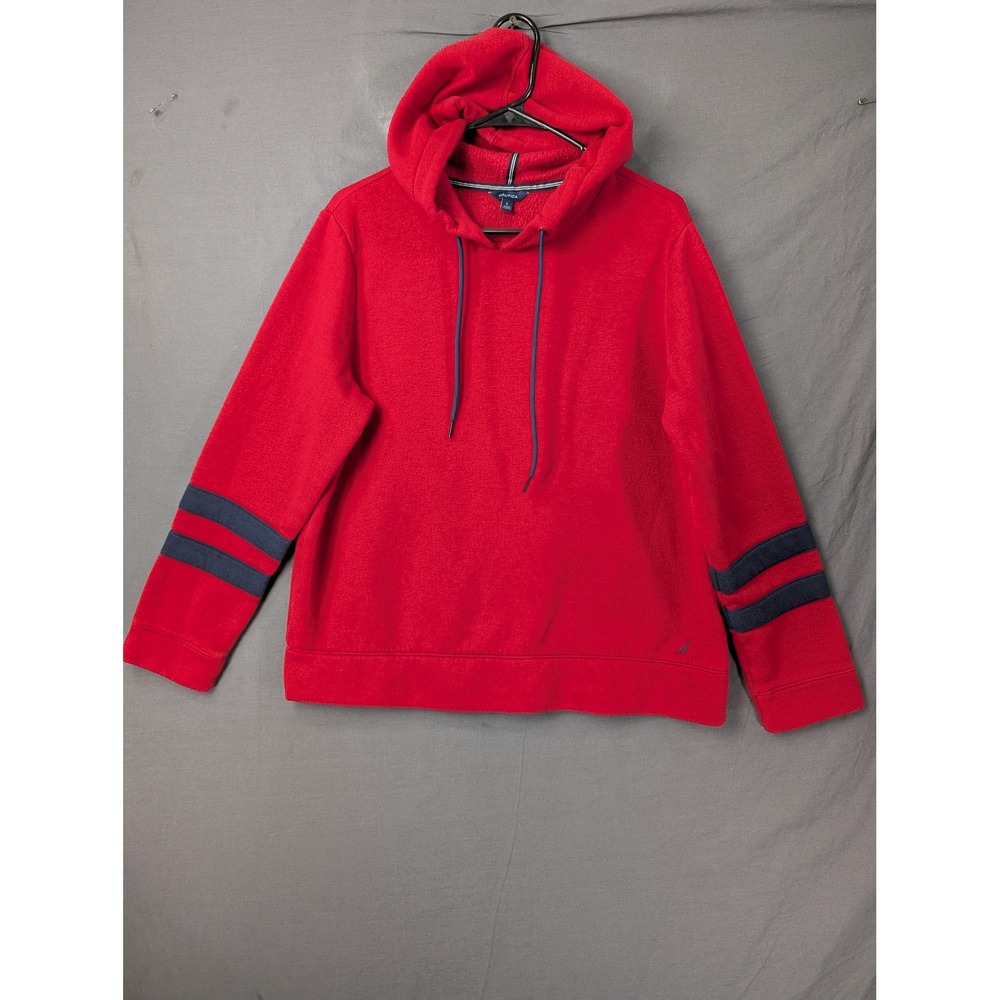 Nautica Mens Fleece‎ Hoodie Red Varsity Stripe Long Sleeve Pullover L 6371